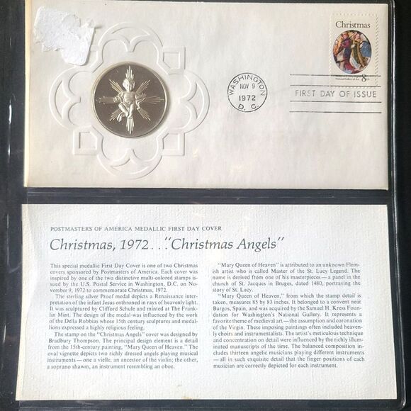 1972 Postmasters of America Christmas Angels Silver Medal FDC Franklin Mint - Picture 1 of 7